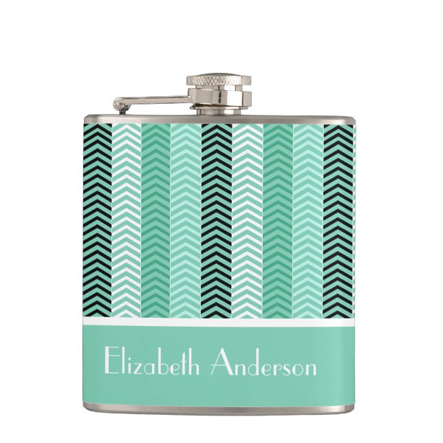 Trendy Mint Green Chevron Stripes With Name Flask (Front)