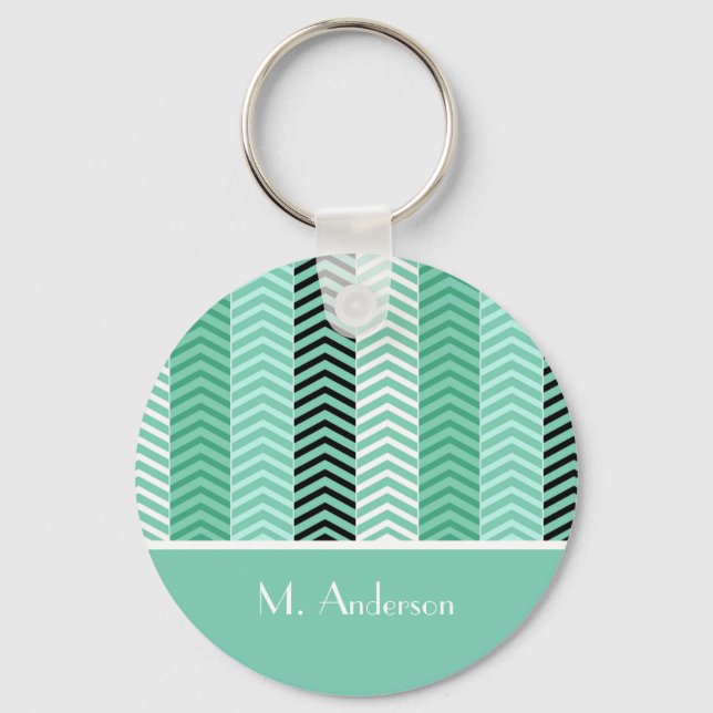 Trendy Mint Green Chevron Stripes With Name Keychain (Front)