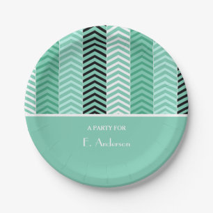 Trendy Mint Green Chevron Stripes With Name Paper Plates
