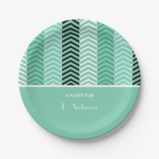 Trendy Mint Green Chevron Stripes With Name Paper Plates (Front)