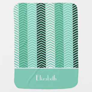 Trendy Mint Green Chevron Stripes With Name Receiving Blanket