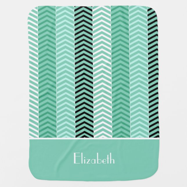 Trendy Mint Green Chevron Stripes With Name Receiving Blanket (Front)