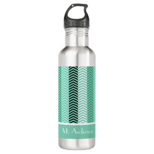 Trendy Mint Green Chevron Stripes With Name Water Bottle
