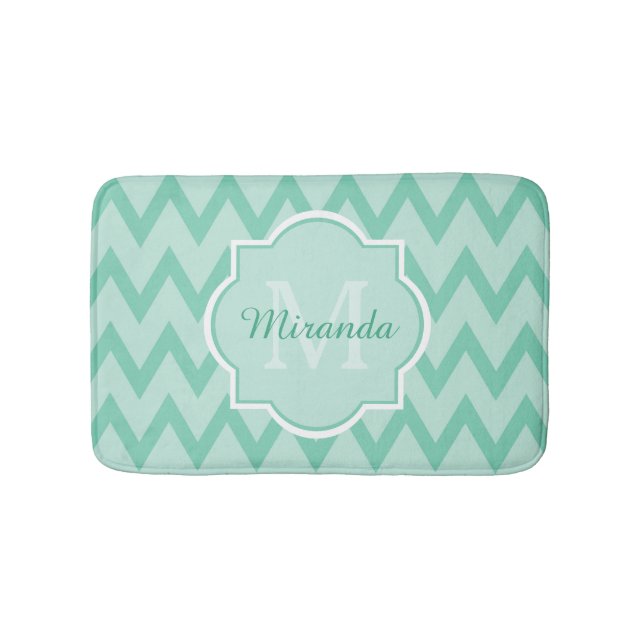 Trendy Mint Green Chevron Zigzag Name and Monogram Bathroom Mat (Front)