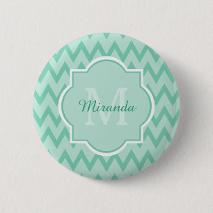 Trendy Mint Green Chevron Zigzag Name and Monogram Button