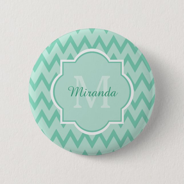 Trendy Mint Green Chevron Zigzag Name and Monogram Button (Front)