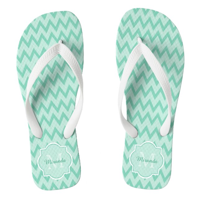 Trendy Mint Green Chevron Zigzag Name and Monogram Flip Flops (Footbed)