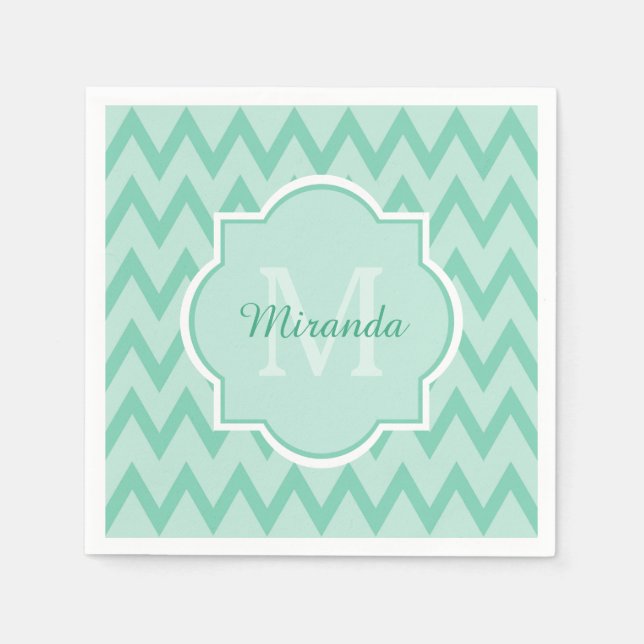 Trendy Mint Green Chevron Zigzag Name and Monogram Paper Napkins (Front)