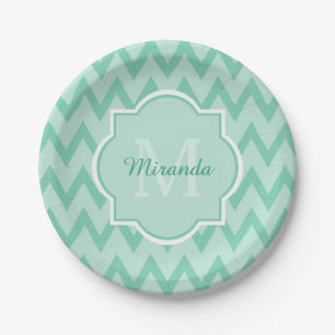 Trendy Mint Green Chevron Zigzag Name and Monogram Paper Plates