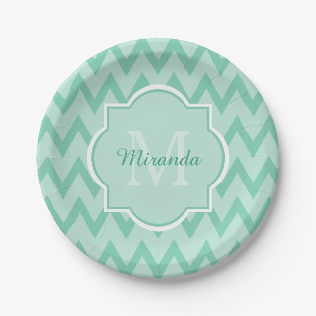 Trendy Mint Green Chevron Zigzag Name and Monogram Paper Plates (Front)