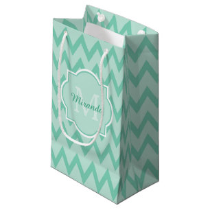 Trendy Mint Green Chevron Zigzag Name and Monogram Small Gift Bag
