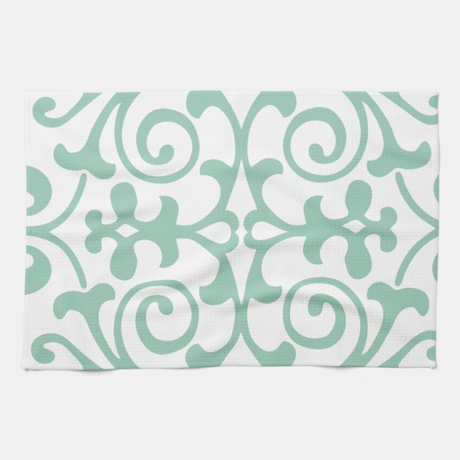 Trendy Mint Green Damask Pattern Kitchen Towel (Horizontal)