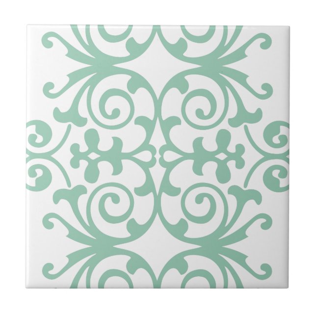 Trendy Mint Green Damask Pattern Tile (Front)