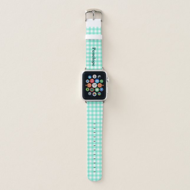 Trendy Mint Green Gingham Add Your Name Apple Watch Band (Front)