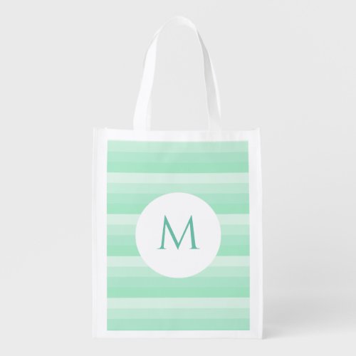 Trendy Mint Green Stripes Modern Monogram Template Grocery Bag
