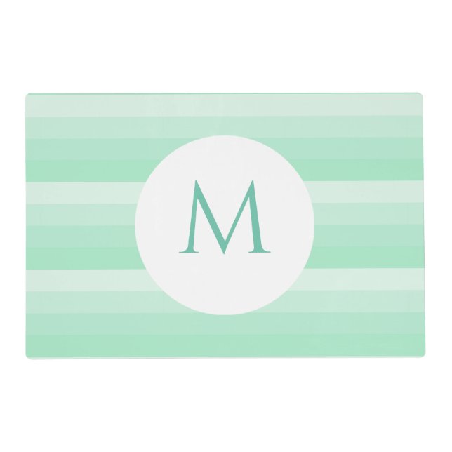 Trendy Mint Green Stripes Modern Monogram Template Placemat (Front)