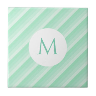 Trendy Mint Green Stripes Monogram Modern Template Ceramic Tile