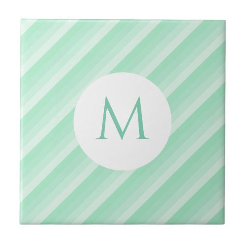 Trendy Mint Green Stripes Monogram Modern Template Ceramic Tile