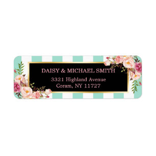 Trendy Mint Green Stripes Pink Flowers Wrapping Label