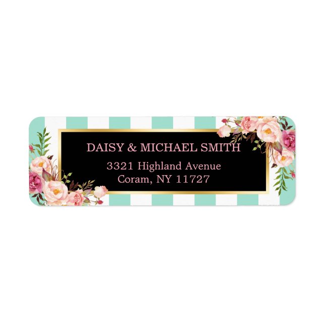 Trendy Mint Green Stripes Pink Flowers Wrapping Label (Front)