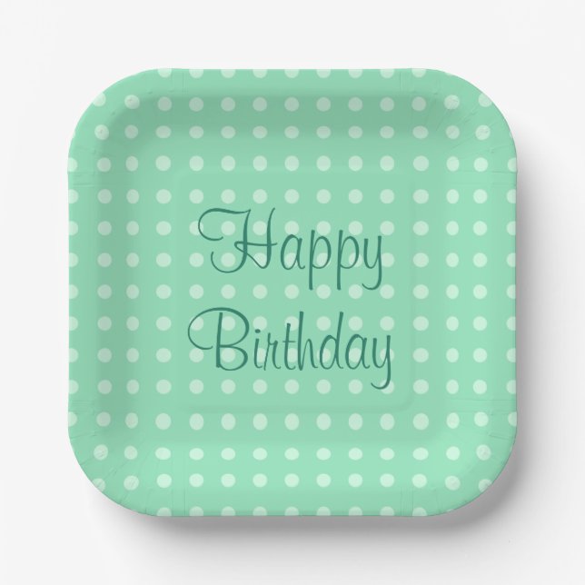 Trendy Mint Green Template Happy Birthday Text Dot Paper Plates (Front)