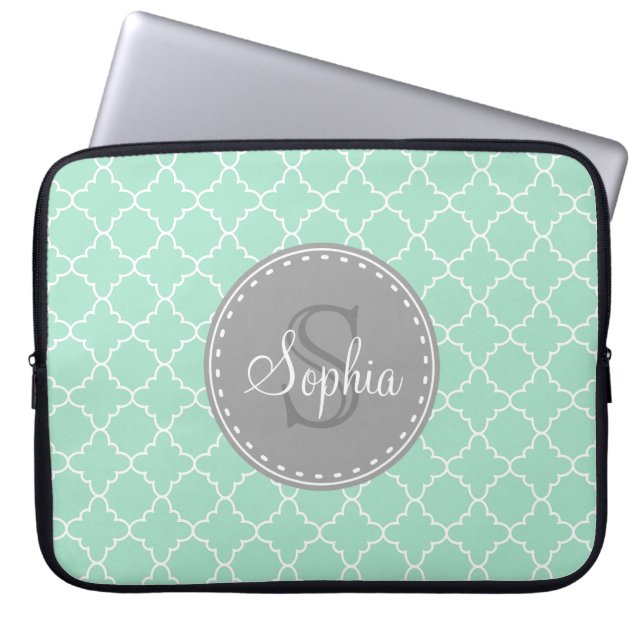 Trendy Mint Trellis Pattern Grey Monogram Laptop Sleeve (Front)