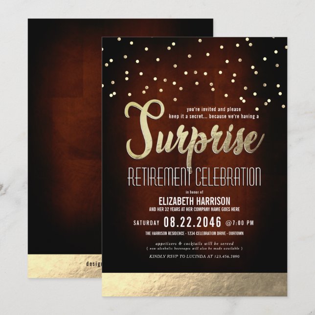 Trendy Mocha/Gold Surprise Retirement Party Invita Invitation (Front/Back)