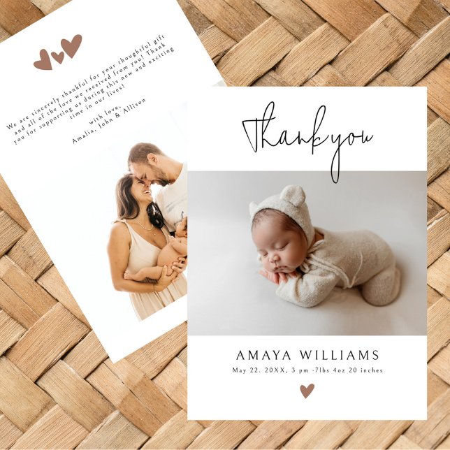 Trendy Mocha Hearts 2 Photo Modern Baby Shower Thank You Card (Creator Uploaded)