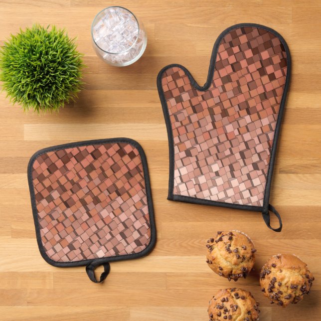 Trendy Mocha Mousse 3D Cube Oven Mitt & Pot Oven Mitt & Pot Holder Set (Top Down)
