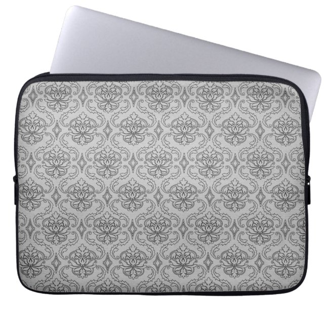 Trendy & Mod Black Gray Damask Laptop Sleeve (Front)