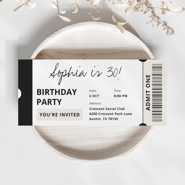 Trendy Modern 30th Birthday Party Ticket Invitation (Creator Uploaded)