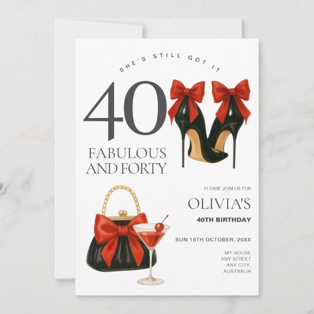 Trendy Modern 40th Black & Red Birthday Party Invitation (Front)