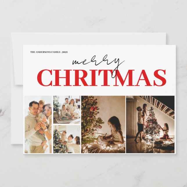 Trendy Modern 5Photo Christmas Holiday Card (Front)