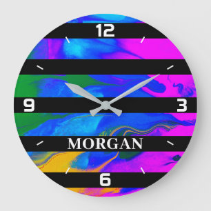Trendy Modern Abstract, Black Lines, White Name Large Clock