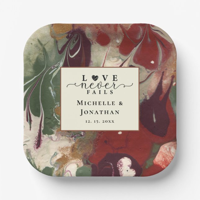 Trendy Modern Abstract Red Green Wedding  Paper Plates (Front)
