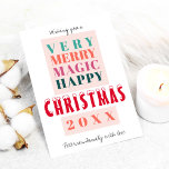 Trendy modern big typography Christmas greetings Holiday Card<br><div class="desc">Bold typography script and a warm orange, teal blue, hunter green, pink and red color palette making a modern contemporary style Christmas family or business corporate greeting non photo card. Personalize it with your text and signature in a hand lettered handwritten script! The card has a light pink blush color...</div>