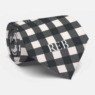 TRENDY MODERN BLACK AND WHITE PLAID MONOGRAMMED NECK TIE