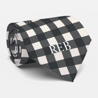 TRENDY MODERN BLACK AND WHITE PLAID MONOGRAMMED NECK TIE