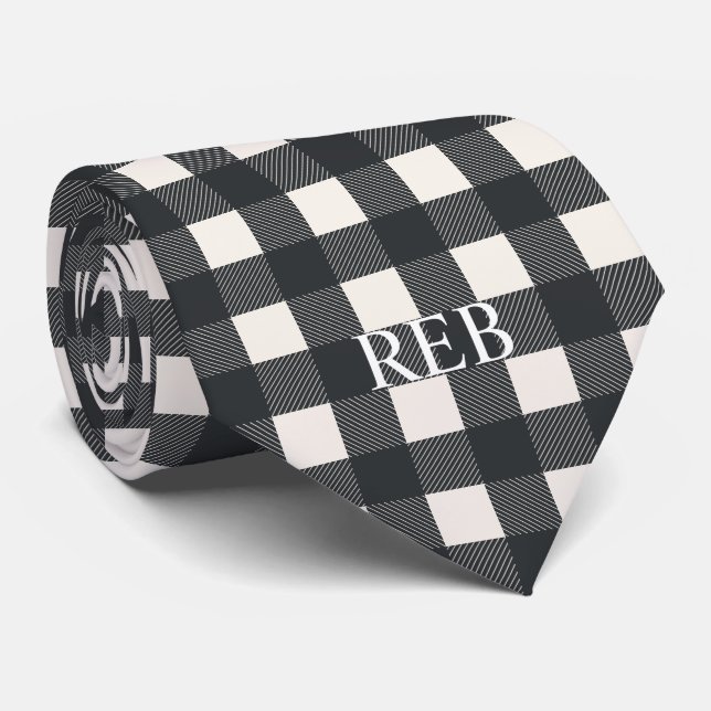 TRENDY MODERN BLACK AND WHITE PLAID MONOGRAMMED NECK TIE (Rolled)