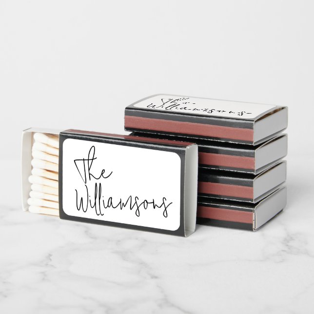 Trendy Modern Black and White Script Wedding Matchboxes (Stacked)