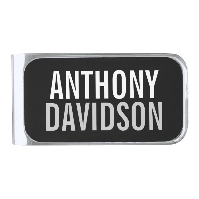 Trendy Modern Black Bold Text Silver Finish Money Clip (Front)