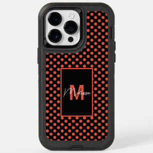Trendy & Modern Black Dotted Pink Salmon Monogram OtterBox iPhone 14 Pro Max Case