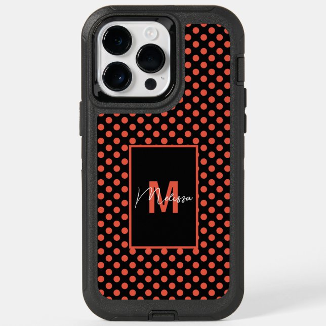 Trendy & Modern Black Dotted Pink Salmon Monogram Otterbox iPhone Case (Back)