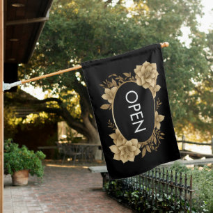 Trendy Modern Black Gold Flowers Open Sign Flag