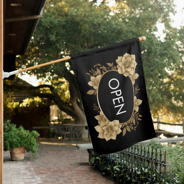 Trendy Modern Black Gold Flowers Open Sign Flag    (In SItu)