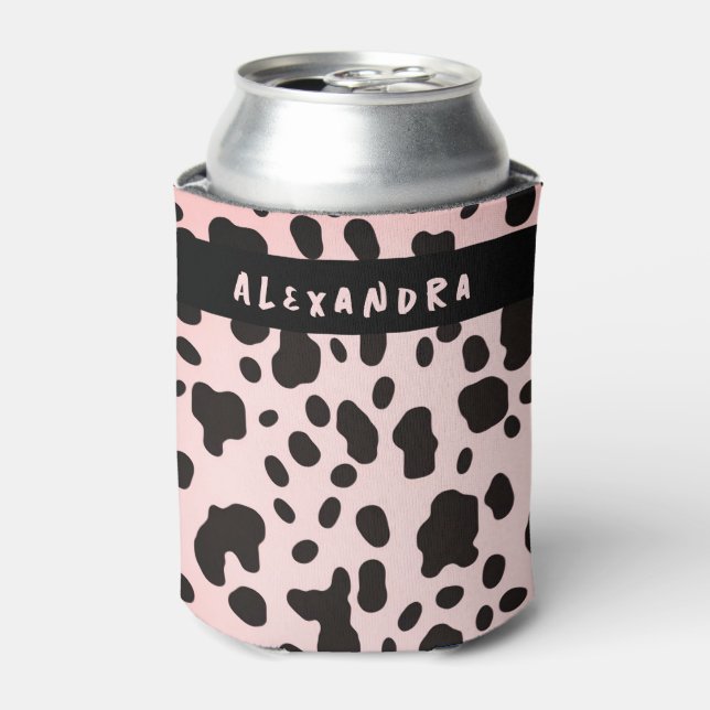 Trendy Modern Black Pink Cow Animal Pattern Name Can Cooler (Can Front)