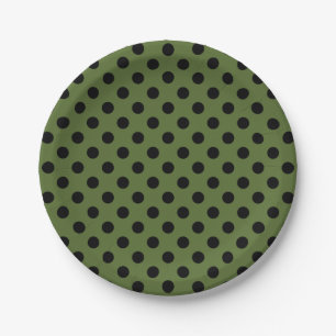 Trendy Modern Black Polka Dots on Olive Green Paper Plates