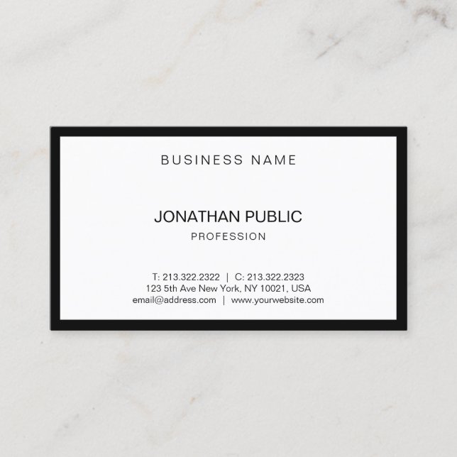 Trendy Modern Black White Professional Elegant Top Business Card (Front)