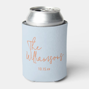 Trendy Modern Blue and Orange Script Wedding Can Cooler