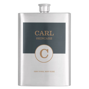 Trendy Modern Blue Gold Beauty Salon Monogram Logo Flask
